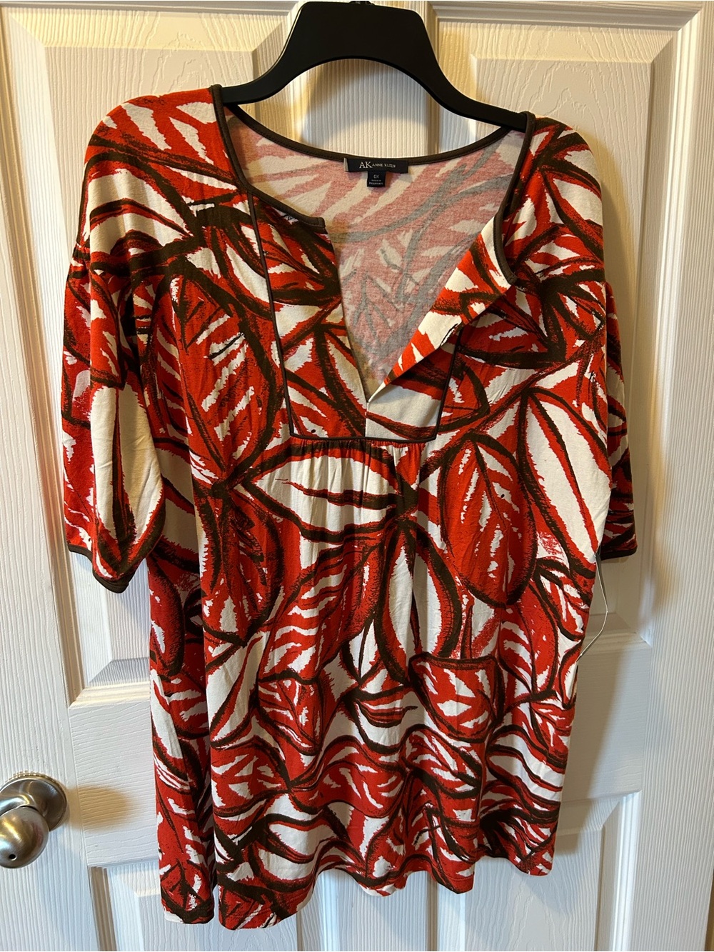 Anne Klein Size 0X Red & White Leaf-Print Short Sleeve Tunic Blouse NWT